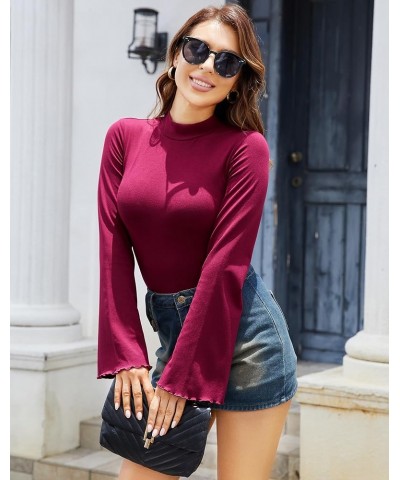 Turtleneck Bodysuit for Women Mock Neck Long Sleeve Bodysuit Bell Sleeve Tank Top Womens Thong Body suit Burgundy $12.25 Ling...