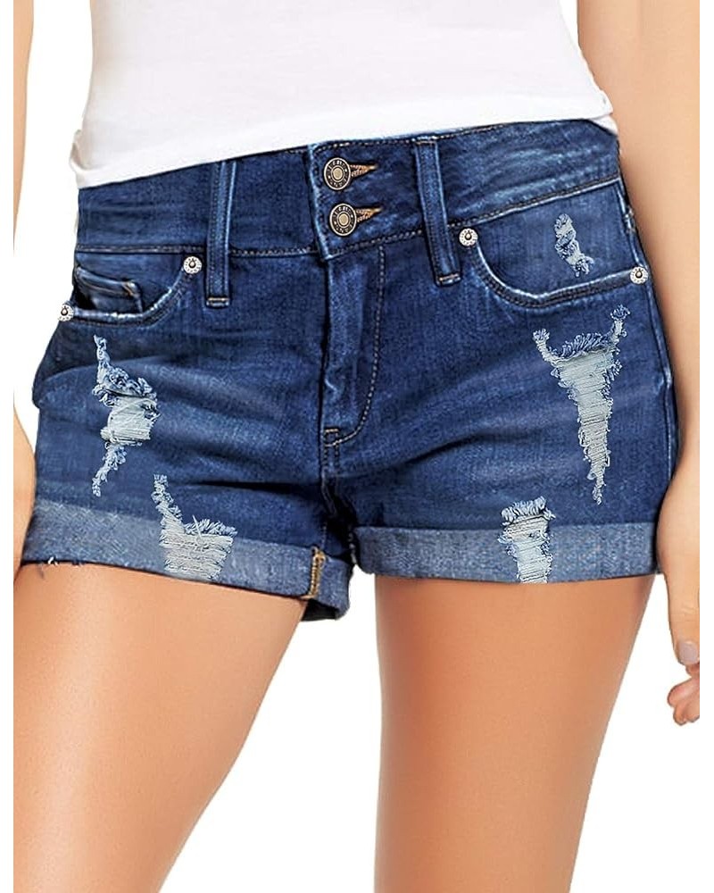 Women's Ripped Denim Jean Shorts High Waisted Stretchy Folded Hem Short Jeans C Deep Cobalt Blue $16.45 Shorts