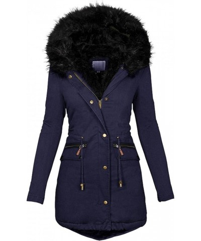 Women's Plus Size Hooded Winter Coat Overcoat Warm Fleeced Lined Parka Thicken Long Jackets Outwear with Fur Hood Navy $21.83...