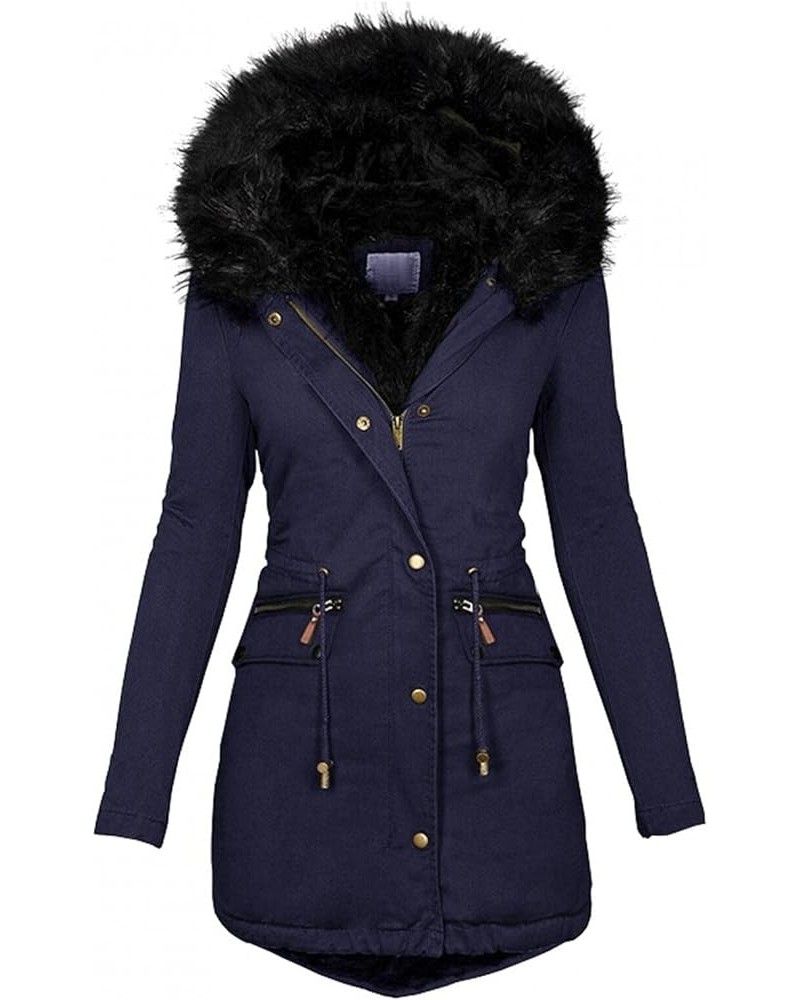 Women's Plus Size Hooded Winter Coat Overcoat Warm Fleeced Lined Parka Thicken Long Jackets Outwear with Fur Hood Navy $21.83...