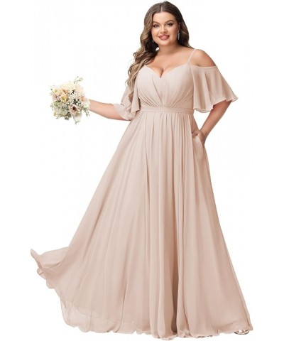 Elegant Women Plus Size Bridesmaid Dresses 2024 with Slit Cold Shoulder Chiffon Formal Party Dresses with Pockets RO020 Peach...