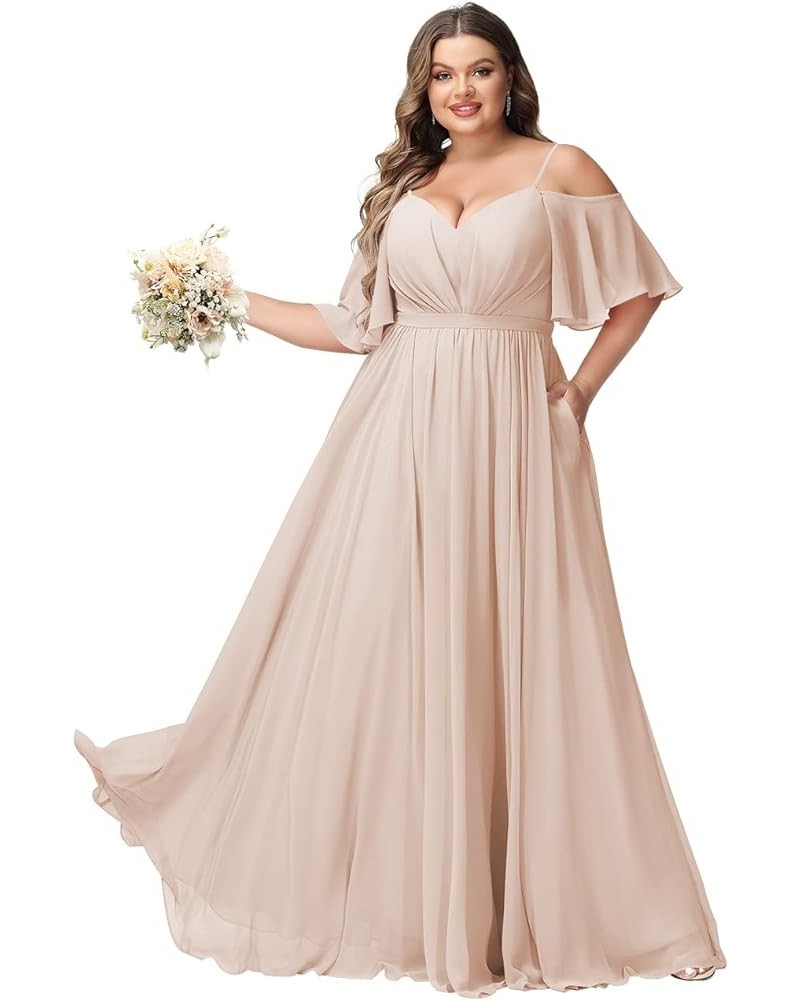 Elegant Women Plus Size Bridesmaid Dresses 2024 with Slit Cold Shoulder Chiffon Formal Party Dresses with Pockets RO020 Peach...