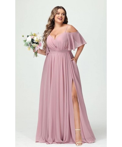 Elegant Women Plus Size Bridesmaid Dresses 2024 with Slit Cold Shoulder Chiffon Formal Party Dresses with Pockets RO020 Peach...