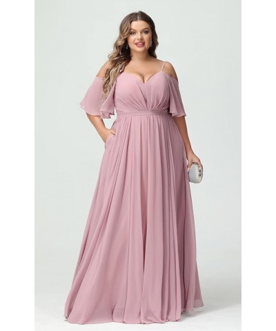 Elegant Women Plus Size Bridesmaid Dresses 2024 with Slit Cold Shoulder Chiffon Formal Party Dresses with Pockets RO020 Peach...