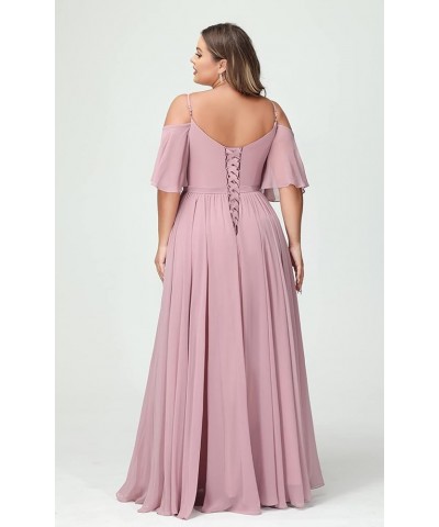 Elegant Women Plus Size Bridesmaid Dresses 2024 with Slit Cold Shoulder Chiffon Formal Party Dresses with Pockets RO020 Peach...