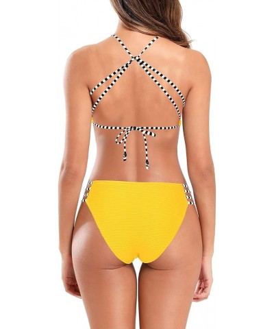 Women's Ribbed Strappy Bikini Set Crossback Bathing Suit Two Piece Swimsuit Yellow-a $15.03 Swimsuits