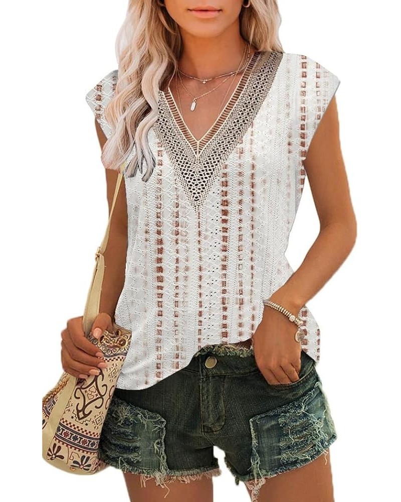 Womens Basic Tops 2023 Trendy Eyelet Fabric Tank Tops Cap Sleeve Shirts Lace V Neck Print-6 $11.99 Tops