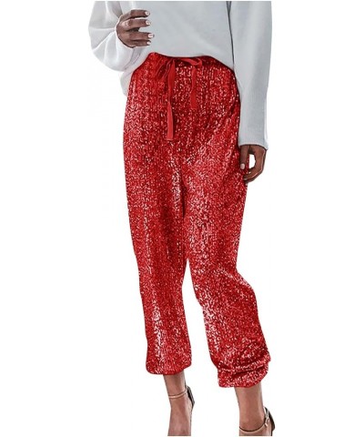 Sequin Pants Women,Women's Sparkle Sequin Wide Leg Pants Loose High Waist Shiny Party Clubwear Bling Glitter Trousers Z42-red...