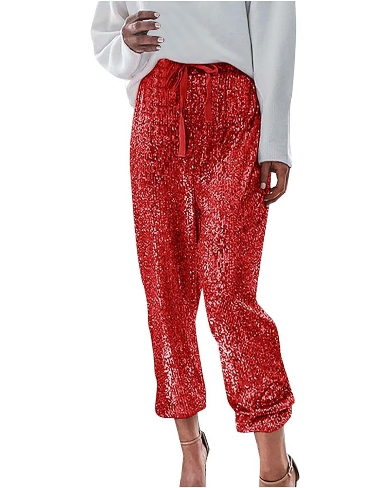 Sequin Pants Women,Women's Sparkle Sequin Wide Leg Pants Loose High Waist Shiny Party Clubwear Bling Glitter Trousers Z42-red...