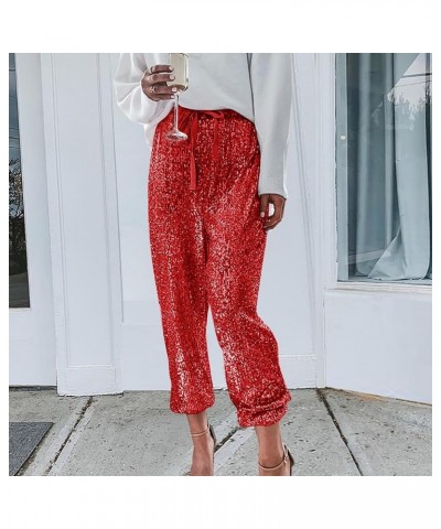 Sequin Pants Women,Women's Sparkle Sequin Wide Leg Pants Loose High Waist Shiny Party Clubwear Bling Glitter Trousers Z42-red...