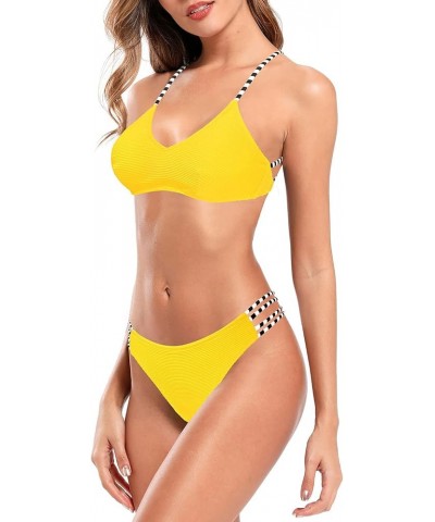 Women's Ribbed Strappy Bikini Set Crossback Bathing Suit Two Piece Swimsuit Yellow-a $15.03 Swimsuits