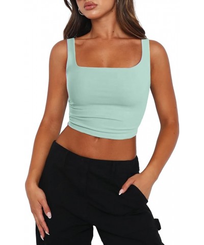 Women's Square Neck Sleeveless Crop Tops 2024 Cute Double Layer Seamless Slim Fit Y2k Tank Tops Mint Green $10.03 Tops