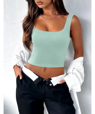 Women's Square Neck Sleeveless Crop Tops 2024 Cute Double Layer Seamless Slim Fit Y2k Tank Tops Mint Green $10.03 Tops