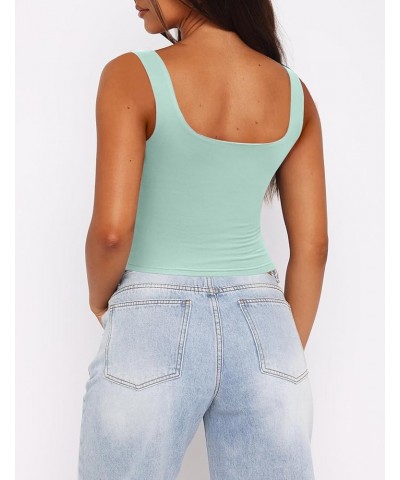 Women's Square Neck Sleeveless Crop Tops 2024 Cute Double Layer Seamless Slim Fit Y2k Tank Tops Mint Green $10.03 Tops