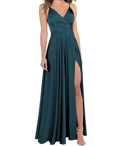 Long Bridesmaid Dresses for Women Formal Satin Spaghetti Strap Prom Evening Gowns RYZ054 Teal $28.70 Dresses