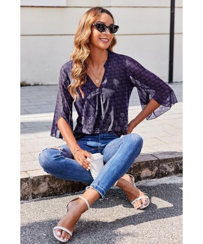 3/4 Sleeve Tops for Women Ruffle V Neck Mesh Blouses Flowy Floral Loose Work Casual Tunic Shirts Dh88 $11.61 Blouses