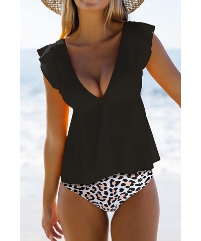 Women V Neck Tankini Swimsuit Ruffled Shoulder Floral Bathing Suit Black $18.90 Swimsuits