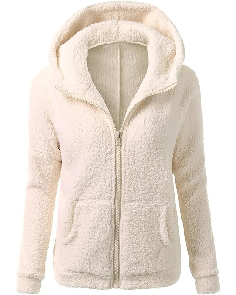 Womens Fuzzy Fleece Jacket Zip Up Fuzzy Sherpa Coat Hooded Plain Fall Winter Warm Outwear Hoodies E Beige $5.71 Tanks