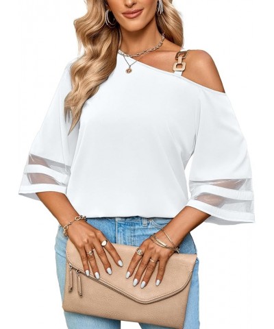 Women's Cold Shoulder Mesh Panel 3/4 Bell Sleeve Casual Top Blouse Shirt White $18.47 Blouses