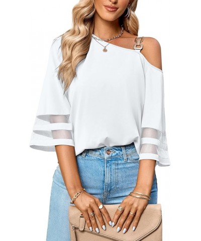 Women's Cold Shoulder Mesh Panel 3/4 Bell Sleeve Casual Top Blouse Shirt White $18.47 Blouses