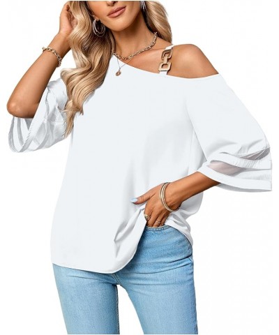 Women's Cold Shoulder Mesh Panel 3/4 Bell Sleeve Casual Top Blouse Shirt White $18.47 Blouses