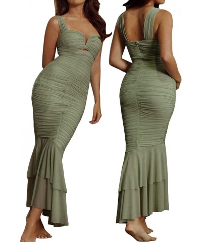 Spaghetti Strap Maxi Dresses for Women Cutout Bodycon Long Dress Sleeveless Backless Slim Fit Split Maxi Dress Fishtail Green...