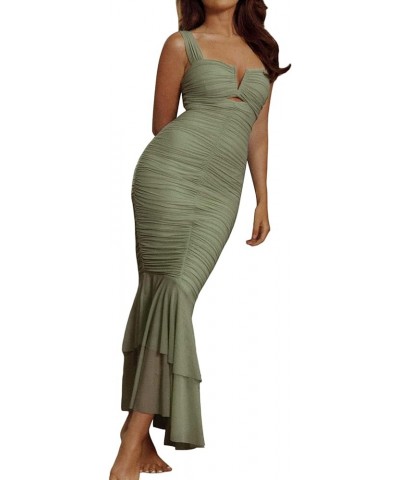 Spaghetti Strap Maxi Dresses for Women Cutout Bodycon Long Dress Sleeveless Backless Slim Fit Split Maxi Dress Fishtail Green...