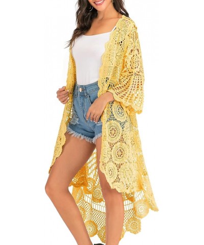Women's Crochet Long Vest Boho Short Sleeve Kimono Cardigan Swimwear Cover up Yellow $23.89 Sweaters