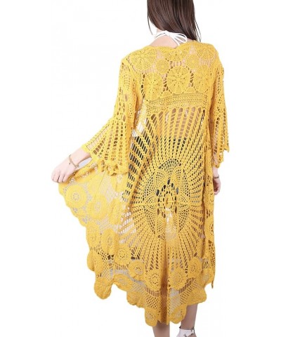 Women's Crochet Long Vest Boho Short Sleeve Kimono Cardigan Swimwear Cover up Yellow $23.89 Sweaters