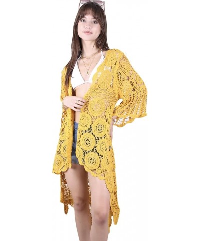 Women's Crochet Long Vest Boho Short Sleeve Kimono Cardigan Swimwear Cover up Yellow $23.89 Sweaters