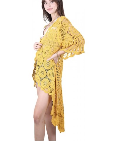 Women's Crochet Long Vest Boho Short Sleeve Kimono Cardigan Swimwear Cover up Yellow $23.89 Sweaters