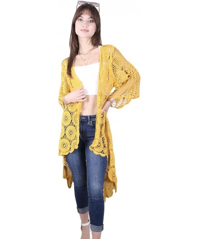 Women's Crochet Long Vest Boho Short Sleeve Kimono Cardigan Swimwear Cover up Yellow $23.89 Sweaters