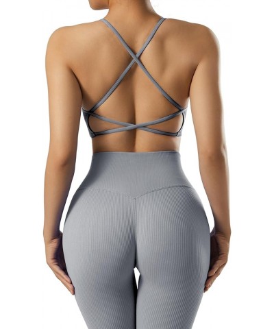 Ribbed Workout Sets for Women 2 Piece Backless Strappy Sports Bra Seamless Leggings Matching Set Yoga Outfits 005 Gray $13.93...