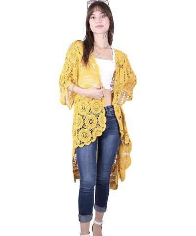 Women's Crochet Long Vest Boho Short Sleeve Kimono Cardigan Swimwear Cover up Yellow $23.89 Sweaters