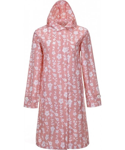 Women's Floral Printed Lightweight Long Raincoat Waterproof Packable Ponchos Zipper Jackets with Hood Pink $11.96 Coats