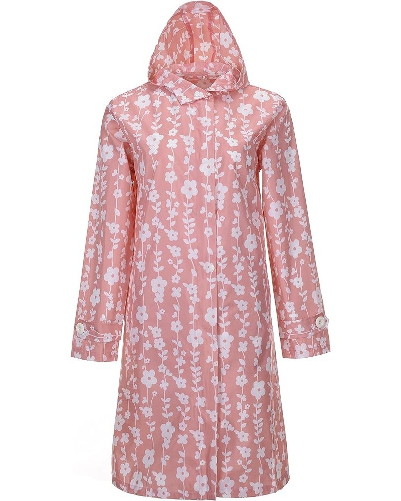 Women's Floral Printed Lightweight Long Raincoat Waterproof Packable Ponchos Zipper Jackets with Hood Pink $11.96 Coats