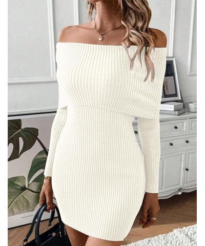 Women Off Shoulder Long Sleeve Sweater Mini Dress Casual Fold Over Rib Knit Slim Fit Elegant Bodycon Short Dresses Beige $23....