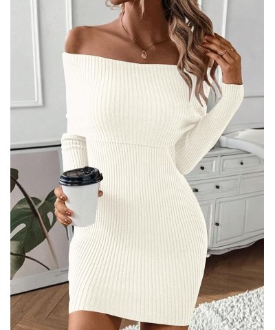 Women Off Shoulder Long Sleeve Sweater Mini Dress Casual Fold Over Rib Knit Slim Fit Elegant Bodycon Short Dresses Beige $23....