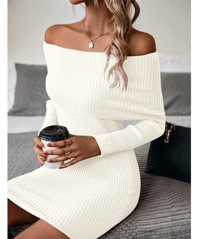 Women Off Shoulder Long Sleeve Sweater Mini Dress Casual Fold Over Rib Knit Slim Fit Elegant Bodycon Short Dresses Beige $23....