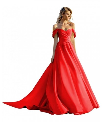 Off Shoulder Satin Prom Dresses Ball Gown Wedding Dress for Bride A Line Formal Evening Gown Red $43.95 Dresses