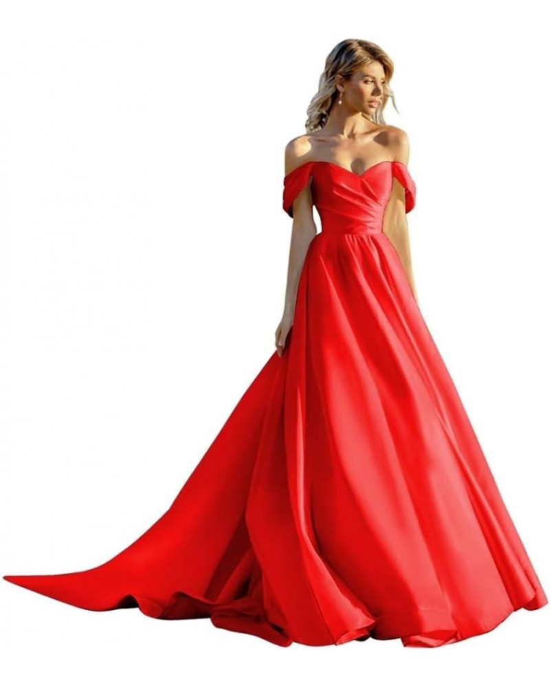 Off Shoulder Satin Prom Dresses Ball Gown Wedding Dress for Bride A Line Formal Evening Gown Red $43.95 Dresses