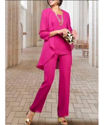 Women's Mother of The Bride Pant Suits 3 Pieces Chiffon Jumsuits Formal Dresses for Wedding Guest Groom with Jacket Desert Ro...