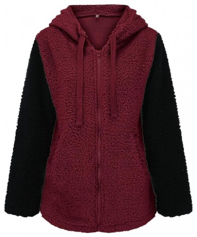 Womens Fleece Sherpa Jacket Winter Warm Fuzzy Jackets Hooded Zip up Jacket Color Block Teddy Outwear Coat with Pocket 03 Wine...