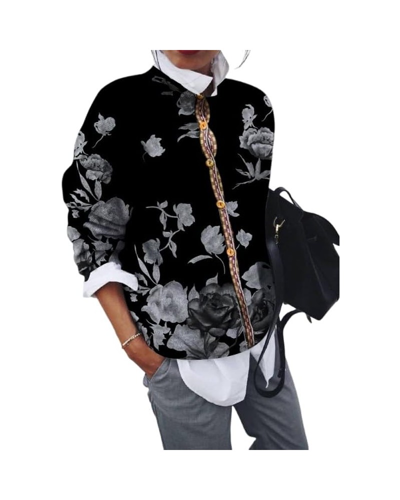 Cardigan for Women Trendy Vintage Boho Floral Totem Ethnic Print Lightweight Knit Button Long Sleeve Jacket Outwear Black Gra...