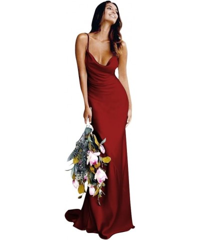 Spaghetti Straps Satin Wedding Dresses V Neck Bridesmaid Dresses Mermaid Prom Dresses for Women Wine Red $34.50 Dresses