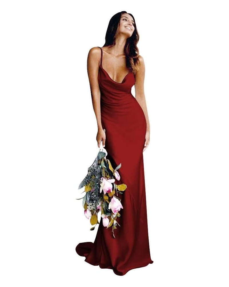 Spaghetti Straps Satin Wedding Dresses V Neck Bridesmaid Dresses Mermaid Prom Dresses for Women Wine Red $34.50 Dresses