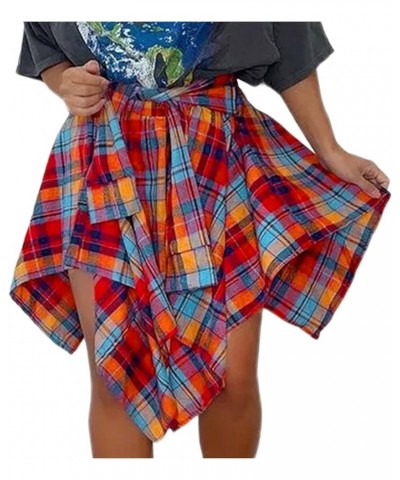 Women's Casual Plaid Tie-Sleeve Fake Shirt Skirt High Waisted Knot Front Irregular Hem Mini Skater Skirt Multicolor $11.04 Ot...