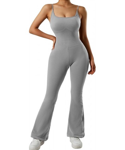 Women Ribbed One Piece Flare Jumpsuits Sleeveless Square Neck Tank Tops Rompers Grey $17.75 Jumpsuits