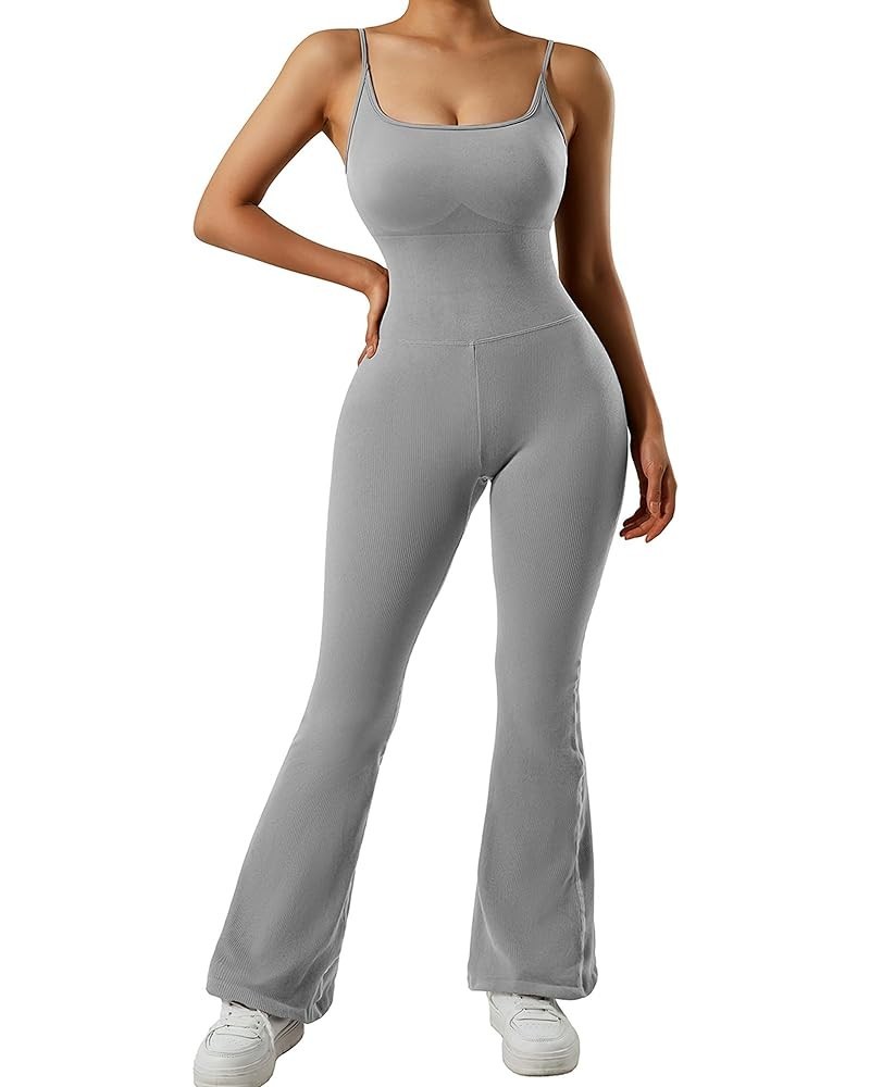 Women Ribbed One Piece Flare Jumpsuits Sleeveless Square Neck Tank Tops Rompers Grey $17.75 Jumpsuits