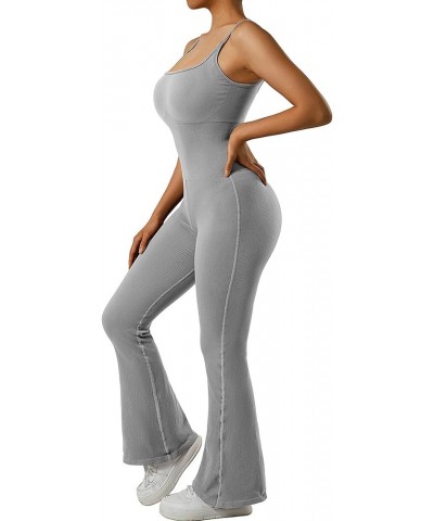 Women Ribbed One Piece Flare Jumpsuits Sleeveless Square Neck Tank Tops Rompers Grey $17.75 Jumpsuits